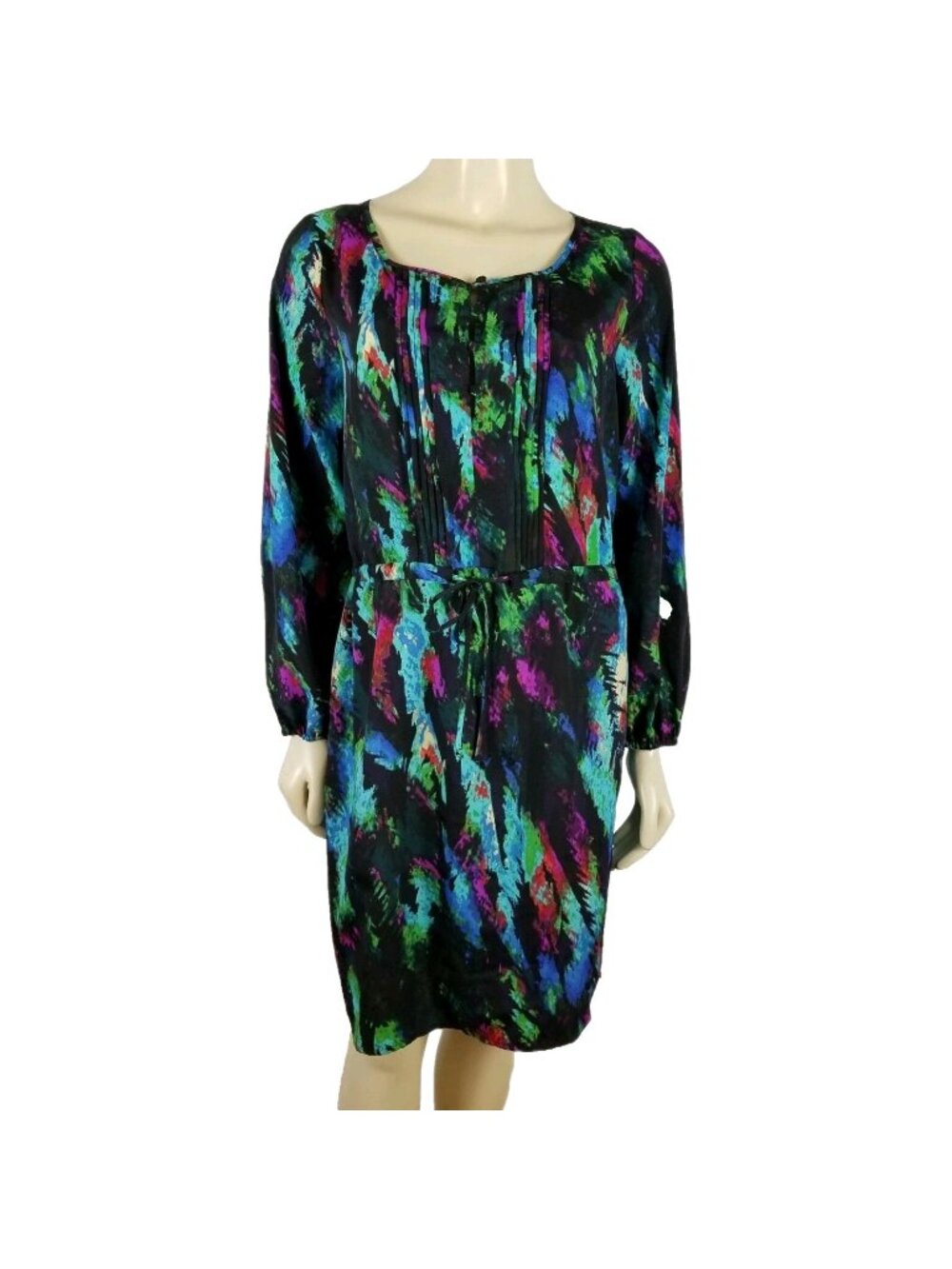 Charlie Jade Womens M Black Multicolor Geometric Tunic Dress Drawstring Long Sle